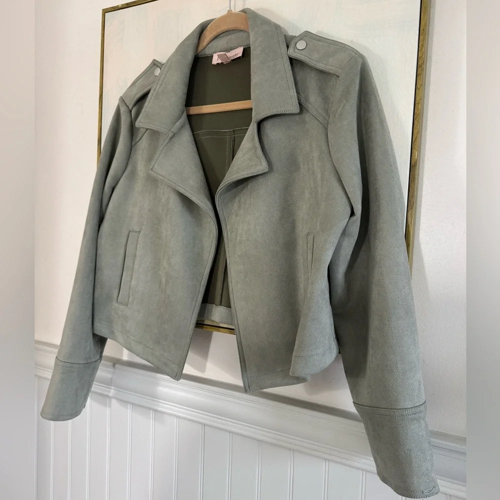 PHILOSOPHY Biker Jacket Gray Green Faux Suede Zip Front w/ Pockets Size - Picture 6 of 8
